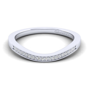 Gabriel & Co. WB11721R3W44JJ 14 karat white gold Victorian wedding band, front view of the inward curve with tiny diamonds between beaded milgrain edges