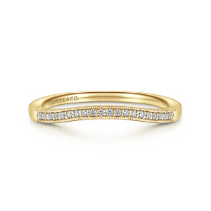 Gabriel & Co. WB11721R3Y44JJ 14 karat yellow gold Victorian wedding band, front view of a shallow curve with small round stones inside a milgrain border