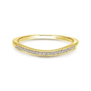 Gabriel & Co. WB11721R4Y44JJ 14 karat yellow gold Contemporary wedding band, front view of the curved outline with a line of tiny diamonds and milgrain edging along the top