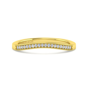 Gabriel & Co. WB11721R6Y44JJ 14 karat yellow gold Victorian wedding band, front view of the curved outline with tiny round diamonds framed by two beaded edges