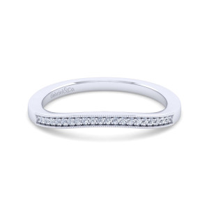Gabriel & Co. WB11721R8W44JJ 14 karat white gold Victorian wedding band, front view of a curved band with a milgrain edged strip of small round stones
