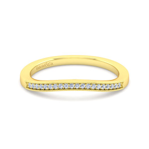 Gabriel & Co. WB11721R8Y44JJ 14 karat yellow gold Victorian wedding band, front view of the gently curved outline with a single row of tiny round diamonds