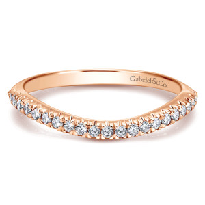 Gabriel & Co. WB11722R4K44JJ 14 karat rose gold Contemporary wedding band, front view of the scooped outline with round stones held by fine prongs