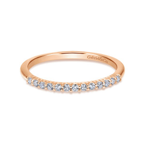 Gabriel & Co. WB11755R3K44JJ 14 karat rose gold Contemporary wedding band, front view of round stones in a row above a finely ridged underside