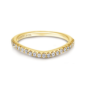 Gabriel & Co. WB11760R4Y44JJ 14 karat yellow gold Contemporary wedding band, top view of round stones following a soft bow with a maker's mark inside
