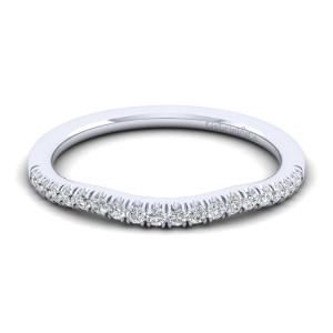Gabriel & Co. WB11794O3W44JJ 14 karat white gold Contemporary wedding band, front view of the gentle dip along the top edge lined with round diamonds