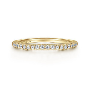 Gabriel & Co. WB11794R3Y44JJ 14 karat yellow gold Contemporary wedding band, front view of the shallow curved top edge and the row of round diamonds along it