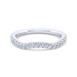 Gabriel & Co. WB11794R8W44JJ 14 karat white gold Contemporary wedding band, front view of the scooped top edge lined with round diamonds and a maker's mark inside