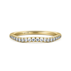 Gabriel & Co. WB11794S3Y44JJ 14 karat yellow gold Contemporary wedding band, front view of a shallow dip with a row of round diamonds along its low edge
