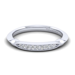 Gabriel & Co. WB11826C4W44JJ 14 karat white gold Contemporary wedding band, front view of a raised pointed oval diamond panel with milgrain borders and smooth polished shoulders