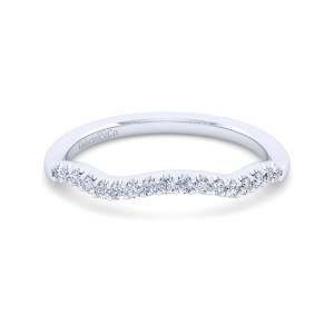 Gabriel & Co. WB11828O6W44JJ 14 karat white gold Contemporary wedding band, front view of a wavy stone line that dips and lifts across the top of the band
