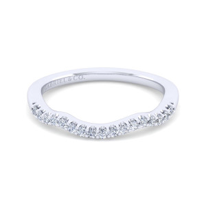 Gabriel & Co. WB11828P4W44JJ 14 karat white gold Contemporary wedding band, front view of the wavy top edge that dips and lifts with a line of small stones