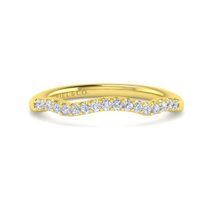 Gabriel & Co. WB11828P4Y44JJ 14 karat yellow gold Contemporary wedding band, front view of a top edge that dips in a wave with a row of small round diamonds
