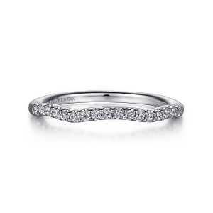Gabriel & Co. WB11828R2W44JJ 14 karat white gold Contemporary wedding band, front view of the band with its center dip and a row of small round diamonds