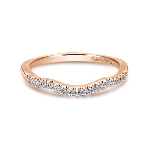 Gabriel & Co. WB11828R3K44JJ 14 karat rose gold Contemporary wedding band, front view of a wavy row of round diamonds along a contoured top edge