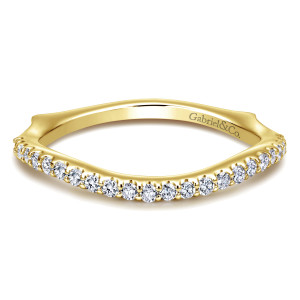 Gabriel & Co. WB11829R6Y44JJ 14 karat yellow gold Contemporary wedding band, front view of a shallow dip across the front with small round diamonds and flared shoulders
