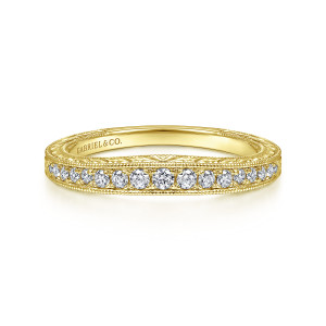Gabriel & Co. WB11839R4Y44JJ 14 karat yellow gold Victorian wedding band, front view of a beaded edged strip of round diamonds tapering toward the sides