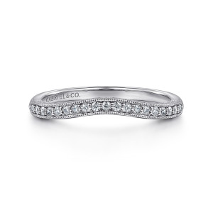 Gabriel & Co. WB11865R0W44JJ 14 karat white gold Victorian wedding band, front view of a curved diamond row framed by beaded edges with a dip at the front