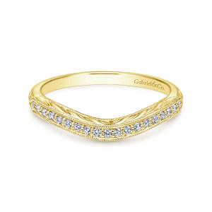 Gabriel & Co. WB11865R0Y44JJ 14 karat yellow gold Victorian wedding band, front view of a bowed band with small round diamonds between beaded edges above engraved sides