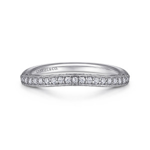 Gabriel & Co. WB11865R2W44JJ 14 karat white gold Victorian wedding band, front view of beaded milgrain borders around a gently dipped row of round diamonds