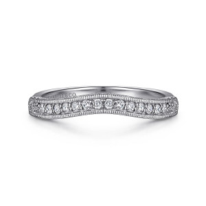 Gabriel & Co. WB11865R3W44JJ 14 karat white gold Victorian wedding band, front view of a curved diamond row framed by beaded borders above and below