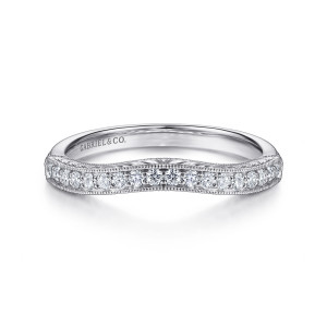 Gabriel & Co. WB11865R4W44JJ 14 karat white gold Victorian wedding band, front view of the dipping stone row framed by fine beaded edges on both sides