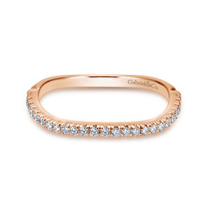 Gabriel & Co. WB11887S4K44JJ 14 karat rose gold Contemporary wedding band, front view of a softly squared hoop with small round diamonds along the near edge