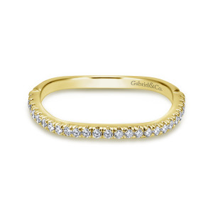 Gabriel & Co. WB11887S4Y44JJ 14 karat yellow gold Contemporary wedding band, front view of the squared outline with rounded corners and the row of diamonds along the near edge