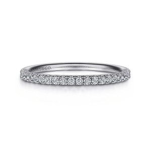 Gabriel & Co. WB12064W44JJ 14 karat white gold Contemporary wedding band, front view of round diamonds in single file with metal showing between them