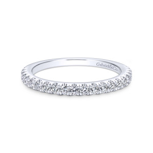 Gabriel & Co. WB12292R4W44JJ 14 karat white gold Contemporary wedding band, front view of a single row of round stones above a smooth polished inner wall