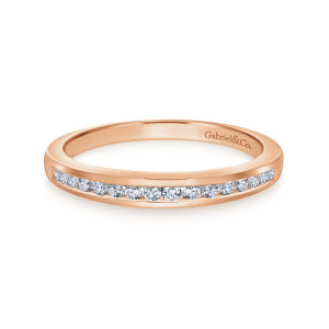 Gabriel & Co. WB12324R3K44JJ 14 karat rose gold Contemporary wedding band, front view of a straight band with round diamonds sunk into a groove between metal walls