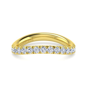 Gabriel & Co. WB12337C6Y44JJ 14 karat yellow gold Contemporary wedding band, front view of an arched outline with round stones following the bend