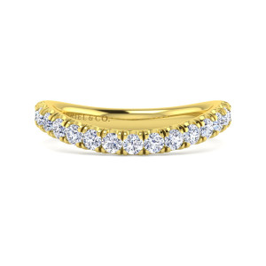 Gabriel & Co. WB12337E6Y44JJ 14 karat yellow gold Contemporary wedding band, front view of the bowed stone line with round diamonds curving down each side