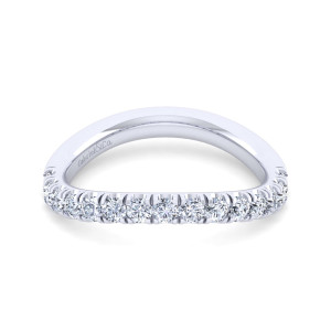 Gabriel & Co. WB12337M6W44JJ 14 karat white gold Contemporary wedding band, front view of a soft arch with a single row of round stones along its base