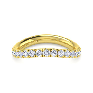 Gabriel & Co. WB12337M6Y44JJ 14 karat yellow gold Contemporary wedding band, front view of a soft arch with a close row of round diamonds and a maker's mark inside