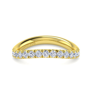 Gabriel & Co. WB12337O6Y44JJ 14 karat yellow gold Contemporary wedding band, front view of the bowed arch with a single row of round diamonds along the front edge