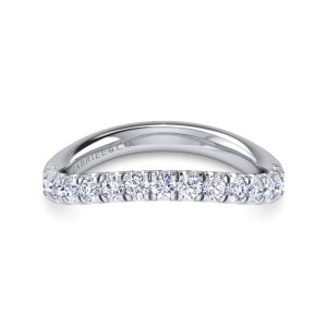 Gabriel & Co. WB12337R4W44JJ 14 karat white gold Contemporary wedding band, front view of the shallow arch with round diamonds along its lower edge and a polished inner wall