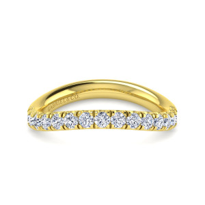 Gabriel & Co. WB12337S6Y44JJ 14 karat yellow gold Contemporary wedding band, front view of the arched contour with round diamonds following the curve of the band