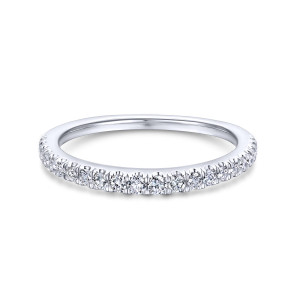 Gabriel & Co. WB12351R6W44JJ 14 karat white gold Contemporary wedding band, front view of a single row of round diamonds with notched metal between neighboring stones