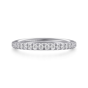 Gabriel & Co. WB12351R8W44JJ 14 karat white gold Contemporary wedding band, front view of a level row of round diamonds divided by slim prongs along the top edge