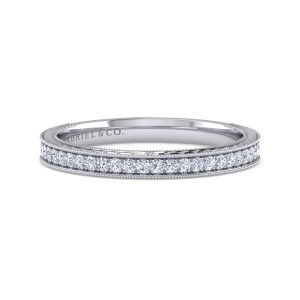 Gabriel & Co. WB12565W44JJ 14 karat white gold Victorian wedding band, front view of a track of small round diamonds between two beaded edges