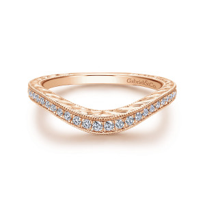 Gabriel & Co. WB12579R4K44JJ 14 karat rose gold Victorian wedding band, front view of the curved top edge with a row of round diamonds and milgrain borders