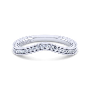 Gabriel & Co. WB12579R8W44JJ 14 karat white gold Victorian wedding band, front view of an arched line of diamonds between beaded rails above a maker's mark