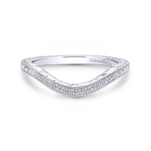 Gabriel & Co. WB12582R4W44JJ 14 karat white gold Victorian wedding band, front view of a V-shaped curve with beaded edges framing a strip of small round diamonds