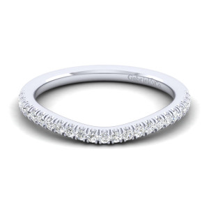 Gabriel & Co. WB12599S3PT4JJ platinum Contemporary wedding band, front view of a gently bowed band with small round diamonds along its curved edge