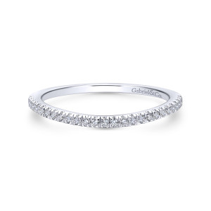Gabriel & Co. WB12610R4W44JJ 14 karat white gold Contemporary wedding band, front view of the softly curved band with a fine line of tiny round diamonds