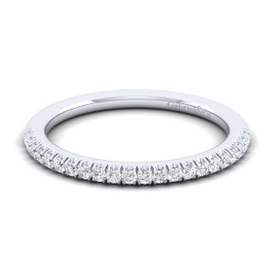 Gabriel & Co. WB12655R4PT4JJ platinum Contemporary wedding band, front view of a fine line of very small round diamonds between slender prongs