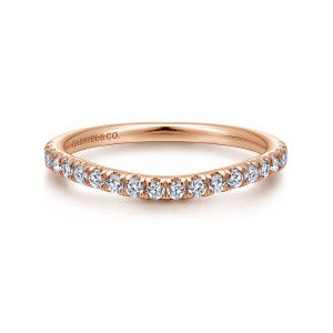 Gabriel & Co. WB12675R4K44JJ 14 karat rose gold Contemporary wedding band, front view of a soft curve bowing in the middle with small round diamonds along the top