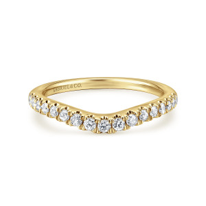 Gabriel & Co. WB12835C4Y44JJ 14 karat yellow gold Contemporary wedding band, front view of a V shaped dip with round diamonds and a maker's mark inside the hoop
