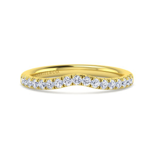 Gabriel & Co. WB12835M4Y44JJ 14 karat yellow gold Contemporary wedding band, front view of the inward scoop with round diamonds separated by small prongs